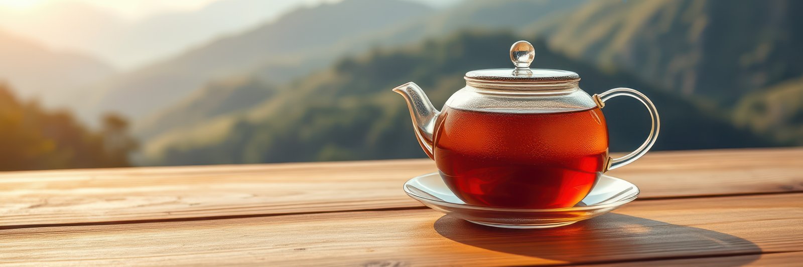 Enjoying a warm cup of tea on a sunny mountain afternoon with serene views in the background